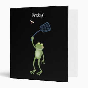 Funny green frog swatting fly cartoon binder
