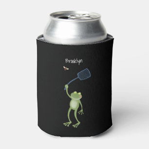 Funny green frog swatting fly cartoon can cooler