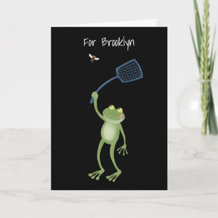 Funny green frog swatting fly cartoon card