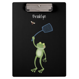 Funny green frog swatting fly cartoon clipboard