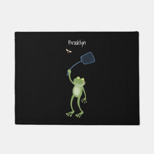 Funny green frog swatting fly cartoon  doormat