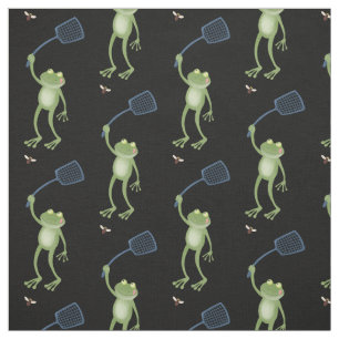 Funny green frog swatting fly cartoon  fabric