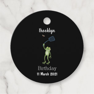 Funny green frog swatting fly cartoon favour tags