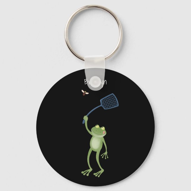 Funny green frog swatting fly cartoon keychain (Front)