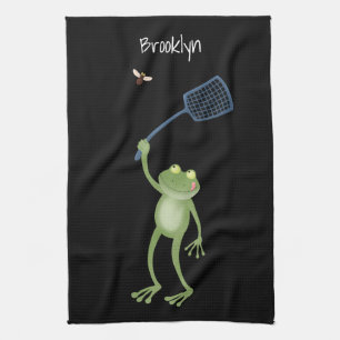 Funny green frog swatting fly cartoon kitchen towel