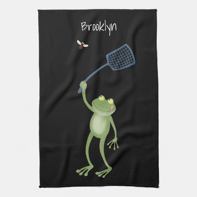 Funny green frog swatting fly cartoon kitchen towel (Vertical)