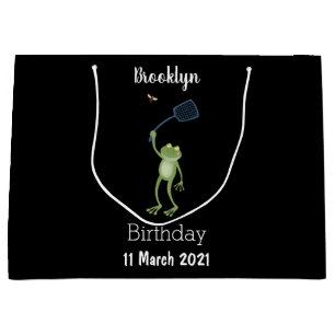 Funny green frog swatting fly cartoon large gift bag