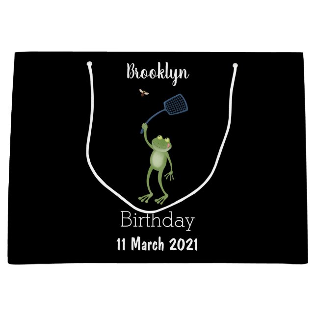 Funny green frog swatting fly cartoon  large gift bag (Front)