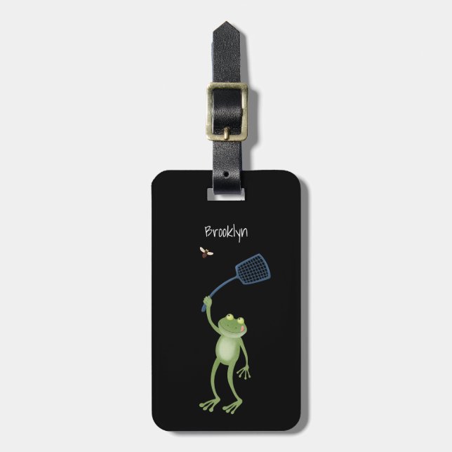 Funny green frog swatting fly cartoon  luggage tag (Front Vertical)