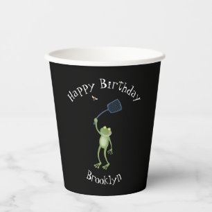Funny green frog swatting fly cartoon paper cups