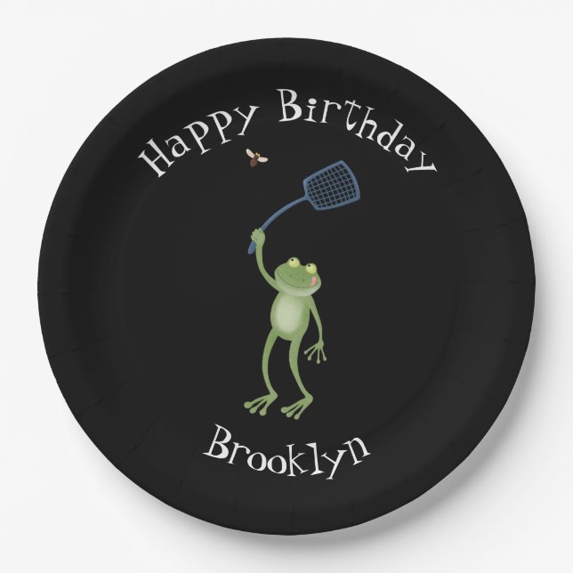 Funny green frog swatting fly cartoon  paper plate (Front)