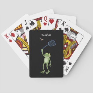 Funny green frog swatting fly cartoon personalized playing cards