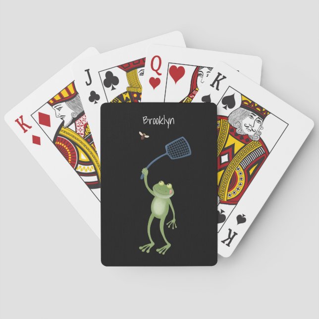Funny green frog swatting fly cartoon personalized playing cards (Back)