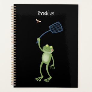 Funny green frog swatting fly cartoon  planner
