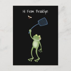 Funny green frog swatting fly cartoon postcard