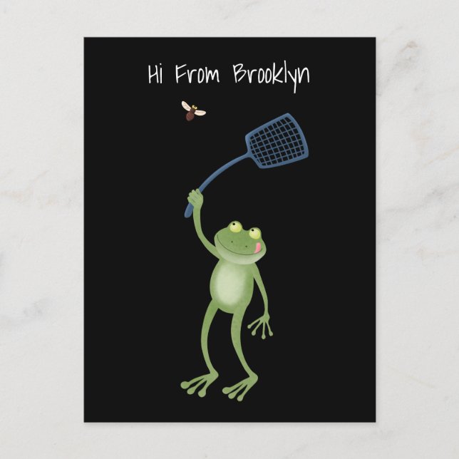 Funny green frog swatting fly cartoon postcard (Front)