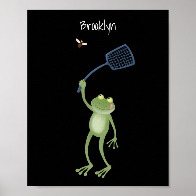 Funny green frog swatting fly cartoon poster (Front)