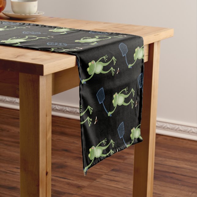 Funny green frog swatting fly cartoon short table runner (In Situ)