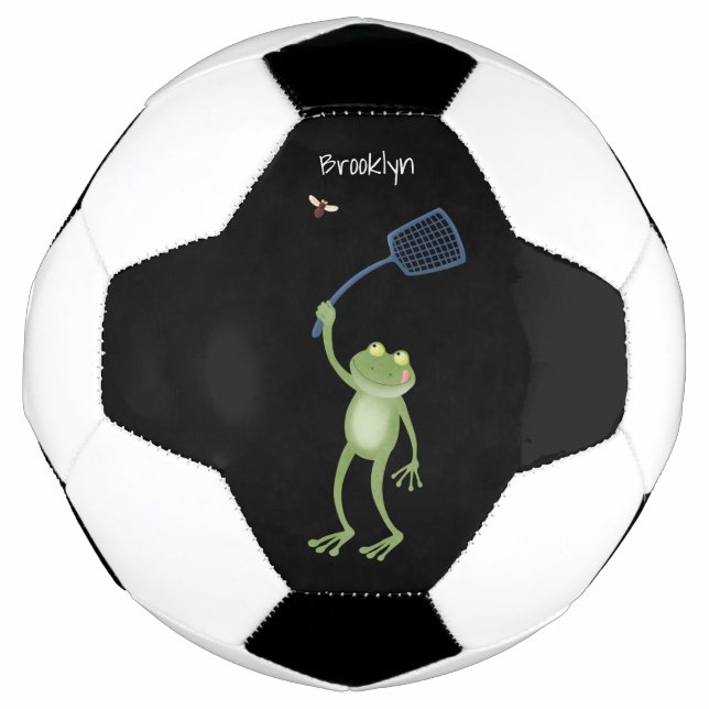 Funny green frog swatting fly cartoon soccer ball (Front)
