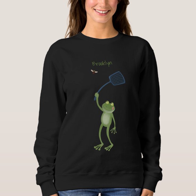Funny green frog swatting fly cartoon sweatshirt (Front)