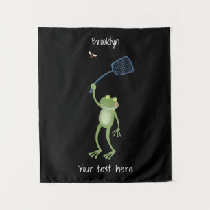 Funny green frog swatting fly cartoon tapestry