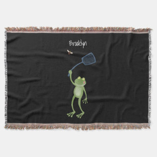 Funny green frog swatting fly cartoon throw blanket