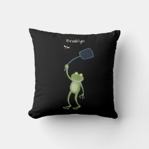 Funny green frog swatting fly cartoon throw pillow