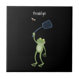 Funny green frog swatting fly cartoon  tile