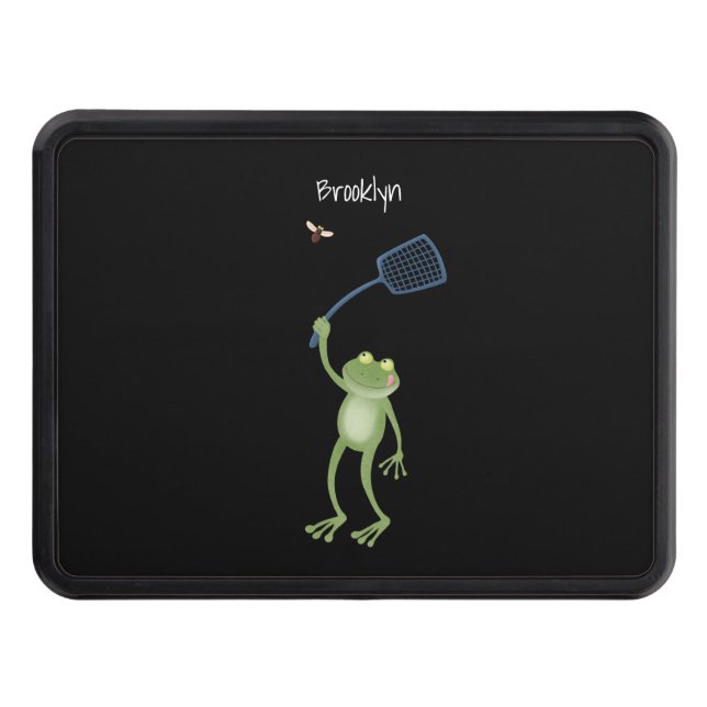 Funny green frog swatting fly cartoon  trailer hitch cover (Front)