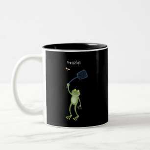 Funny green frog swatting fly cartoon  Two-Tone coffee mug