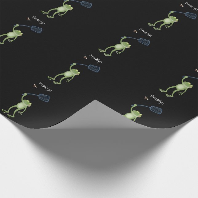 Funny green frog swatting fly cartoon wrapping paper (Corner)