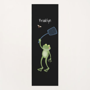 Funny green frog swatting fly cartoon  yoga mat