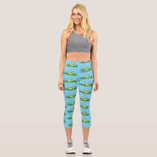 Funny green frog with flies cartoon illustration capri leggings