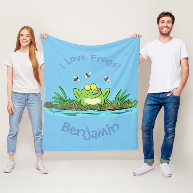 Funny green frog with flies cartoon illustration fleece blanket (In Situ)
