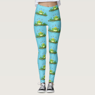 Funny green frog with flies cartoon illustration leggings