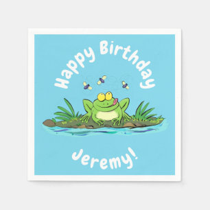 Funny green frog with flies cartoon illustration napkin