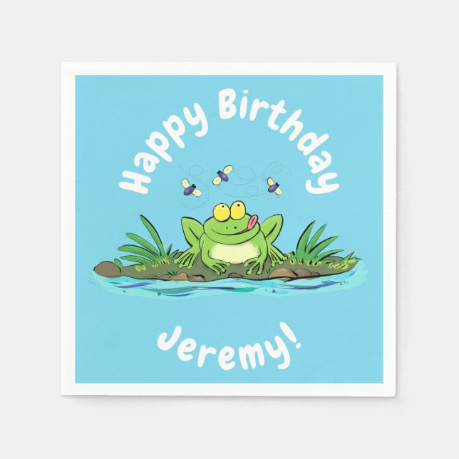 Funny green frog with flies cartoon illustration napkin (Front)