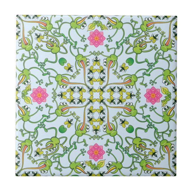 Funny green frogs hunting flies mandala design tile (Front)