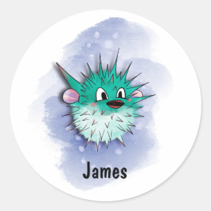 funny green globe fish watercolor style classic round sticker