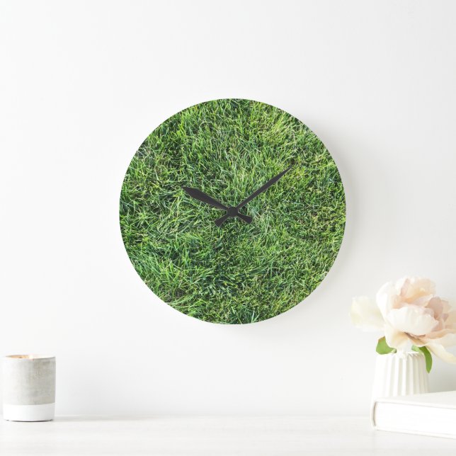 Funny green grass real photo texture pattern fun large clock (Home)