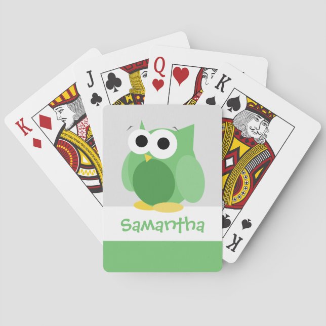 Funny Green Owl Kids Personalized Playing Cards (Back)