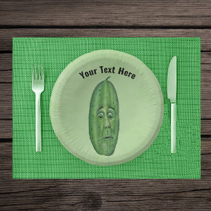 Funny Green Pickle With Surprised Face on Green Paper Plate