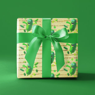 Funny Green Pickleman on Gold Background Wrapping Paper