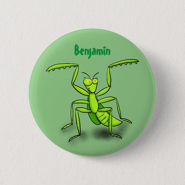Funny green praying mantis cartoon illustration 2 inch round button (Front)