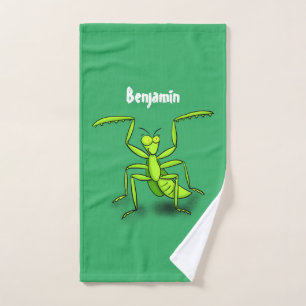 Funny green praying mantis cartoon illustration bath towel set