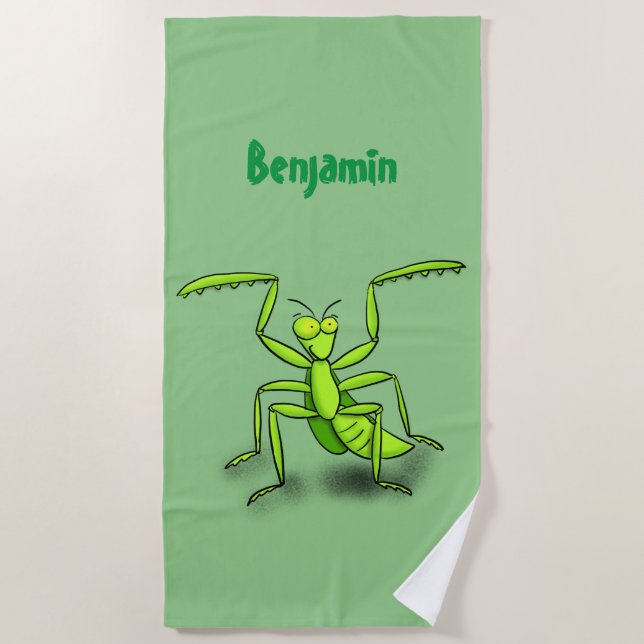 Funny green praying mantis cartoon illustration beach towel (Front)
