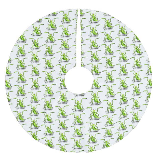 Funny green praying mantis cartoon illustration brushed polyester tree skirt (Front)