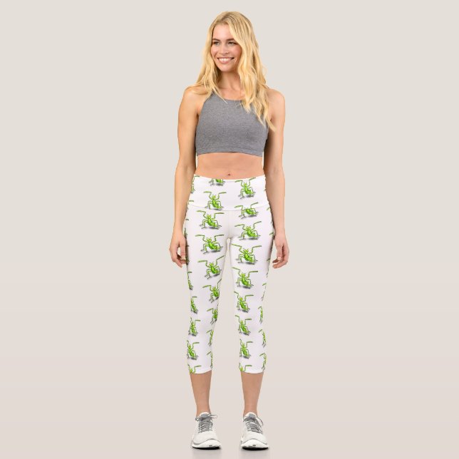 Funny green praying mantis cartoon illustration capri leggings (Front)