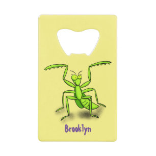 Funny green praying mantis cartoon illustration credit card bottle opener
