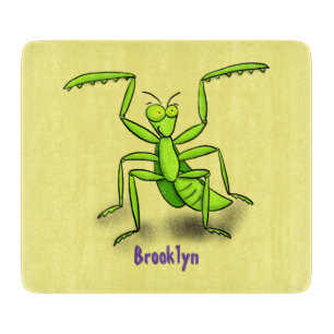 Funny green praying mantis cartoon illustration cutting board